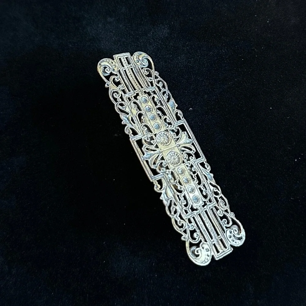 Vintage Art Deco Style Blue Stone Filigree Bar Brooch Antiqued Brass Tone 3.25in